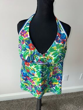 Lands End Underwire Swimsuit Halter Tankini Top Blue Green Floral 14D